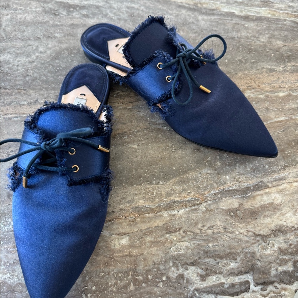 Andrea Gomez - Navy Blue Satin Frayed Slip-On Mules